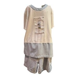 VTG Sz12Teddi Women's Short Set Blue Floral Tunic & Solutions Blue Stripe Shorts